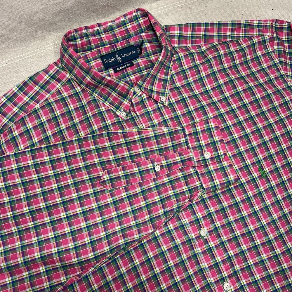 Ralph Lauren‎ Classic Fit Button Down L/S Shirt Men's 2XLT Pink Green Plaid